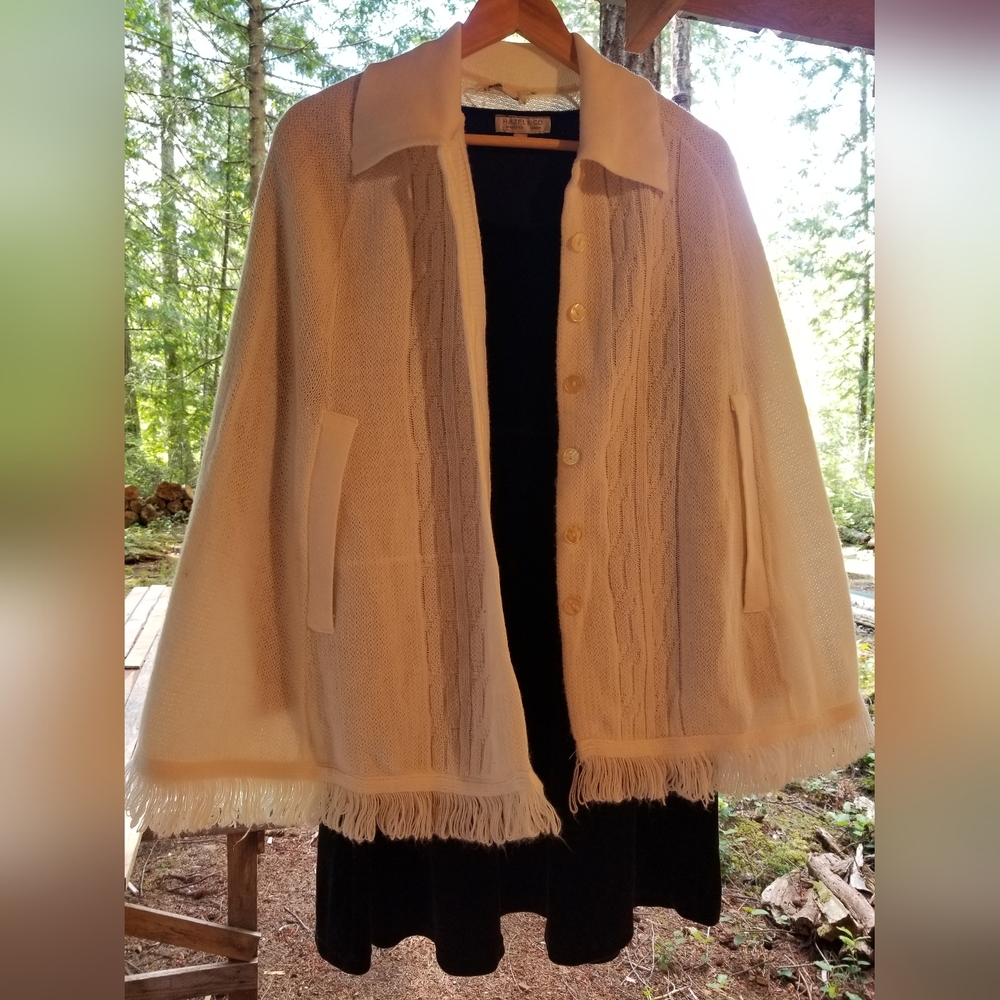 White Shawl Sweater & Black Velvet Long Sleeve Scoop Neck Dress Hazel & Co Small